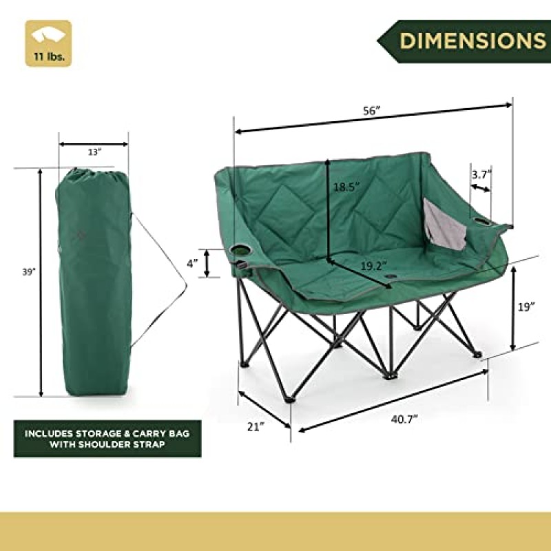 ARROWHEAD 야외 휴대용 접이식 더블 듀오 캠핑 의자 러브시트(2컵 및 와인잔 홀더 포함), 견고한 휴대용 가방, 패딩 시트 및 팔걸이, 최대 500lbs 지원, 미국 기반 지원