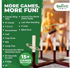 SWOOC 소박한 고리 던지기 야외 게임(전천후) - 15개 이상의 게임 포함 - 넓은 그립 손잡이와 운반 케이스가 있는 빈티지 나무 및 밧줄 고리 던지기 야드 게임 - 어린이 및 가족용
