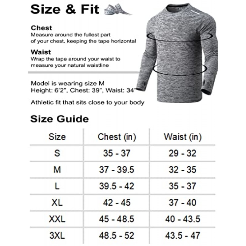 3팩: 남성용 긴 소매 티셔츠, 드라이 핏 UV 자외선 차단 야외 하이킹 엄지 구멍이 있는 운동용 액티브 탑