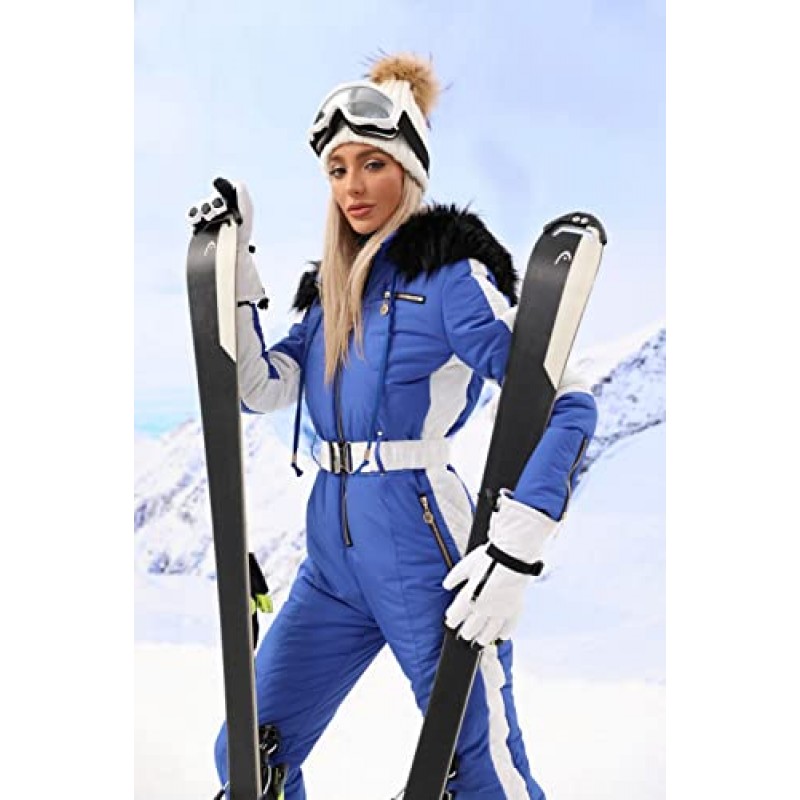 Zwurew Womens 겨울 Onesies 스키 복 야외 스포츠 방수 Snowsuit 모피 칼라 스키 점프 슈트 코트