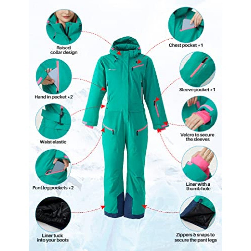 HMANOOUF Womens 원피스 스키 복 겨울 방수 Onesies Snowsuit 이동식 후드 야외 스포츠를위한 스키 점프 슈트