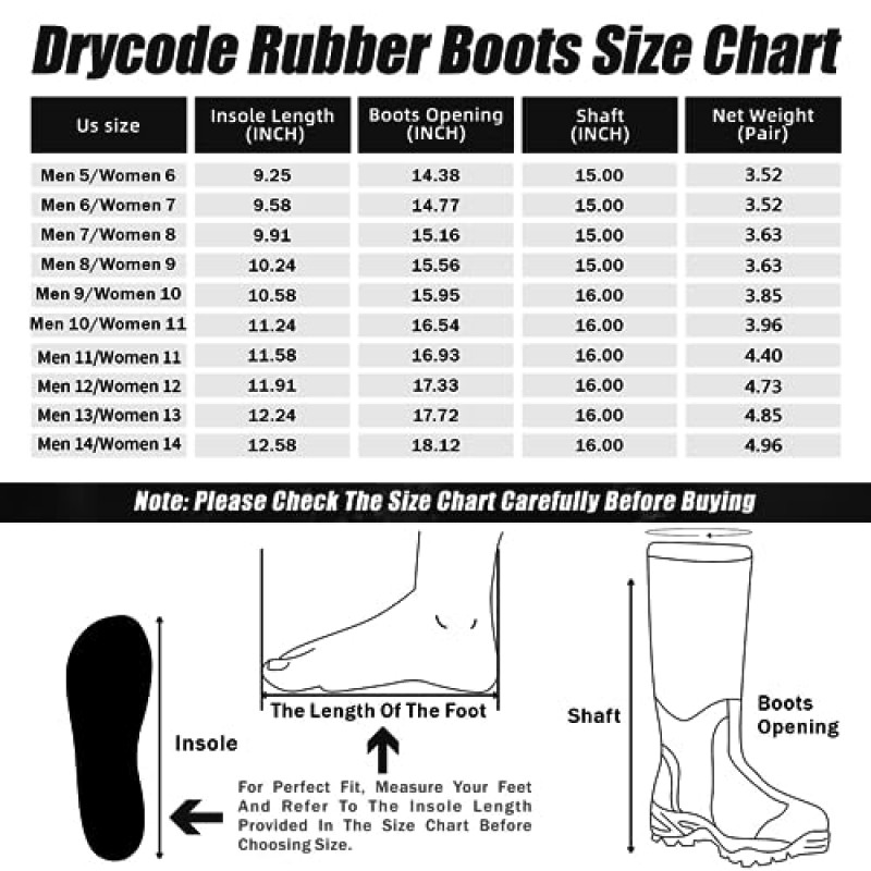 남성과 여성을 위한 DRYCODE 고무 부츠, 방수 내구성 6mm 따뜻한 고무 네오프렌 부츠, 야외 장화, 검정색, 크기 5-14