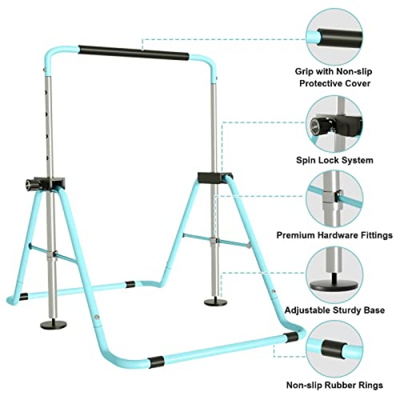 어린이를위한 GVOLO 체조 바 조절 가능한 높이 보호 커버가있는 체조 수평 바 가정용 확장 가능한 주니어 트레이닝 접이식 바