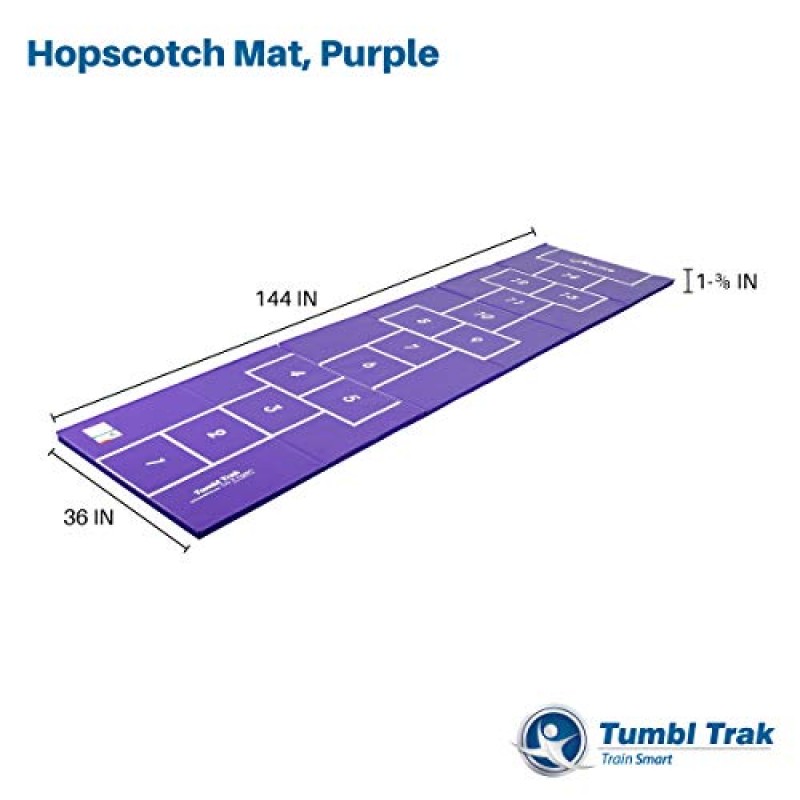 Tumbl Trak 돌차기 놀이 매트, 한쪽에는 돌차기 사각형이 있고 다른 쪽에 멀리뛰기용 번호가 매겨진 선이 있음, 폭 3피트 x 길이 12피트 x 높이 1-3/8인치