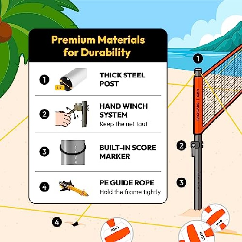A11N 야외 배구 및 배드민턴 콤보 세트 - 높이 조절 가능한 처짐 방지 네트, 배구, 공기 펌프, 배드민턴 라켓 4개, 셔틀콕 2개, 경계선 마커 및 휴대용 가방 포함