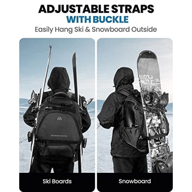 OutdoorMaster 스키 부츠 가방, 항공 여행용 50L 방수 스노우보드 가방, 남성, 여성 및 청소년을 위한 스키 헬멧, 고글, 장갑, 스키, 스노우보드 및 액세서리용 여행용 부츠 배낭 - 블랙