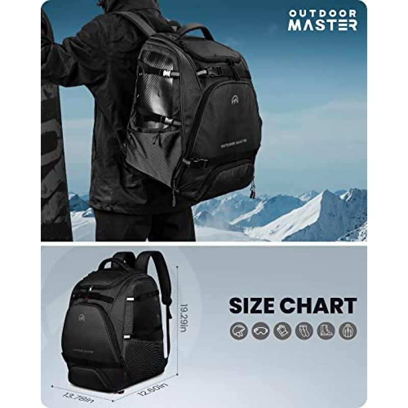 OutdoorMaster 스키 부츠 가방, 항공 여행용 50L 방수 스노우보드 가방, 남성, 여성 및 청소년을 위한 스키 헬멧, 고글, 장갑, 스키, 스노우보드 및 액세서리용 여행용 부츠 배낭 - 블랙