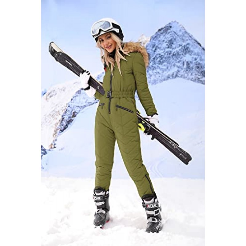 Yousify Womens Winter Onesies 스키 복 후드 모피 칼라 스키 점프 슈트 Snowsuit 야외 스포츠 코트