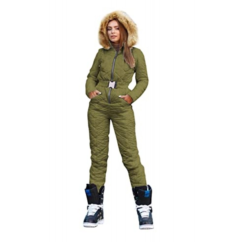 Yousify Womens Winter Onesies 스키 복 후드 모피 칼라 스키 점프 슈트 Snowsuit 야외 스포츠 코트