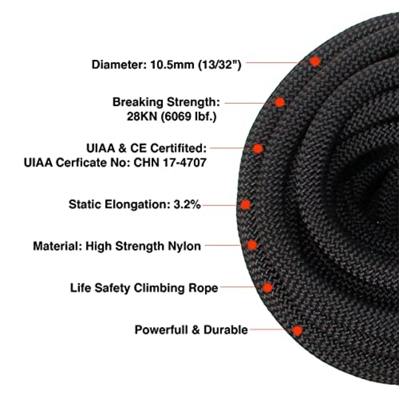 PHRIXUS 10.5mm 11mm 다이나믹 정적 클라이밍 로프 46M(150FT), 61M(200FT), 92M(300FT), 안전 나일론 Kernmantle 로프 암벽 등반, 라펠링, 빙벽 등반, 운반, 탈출 및 구조용 고강도