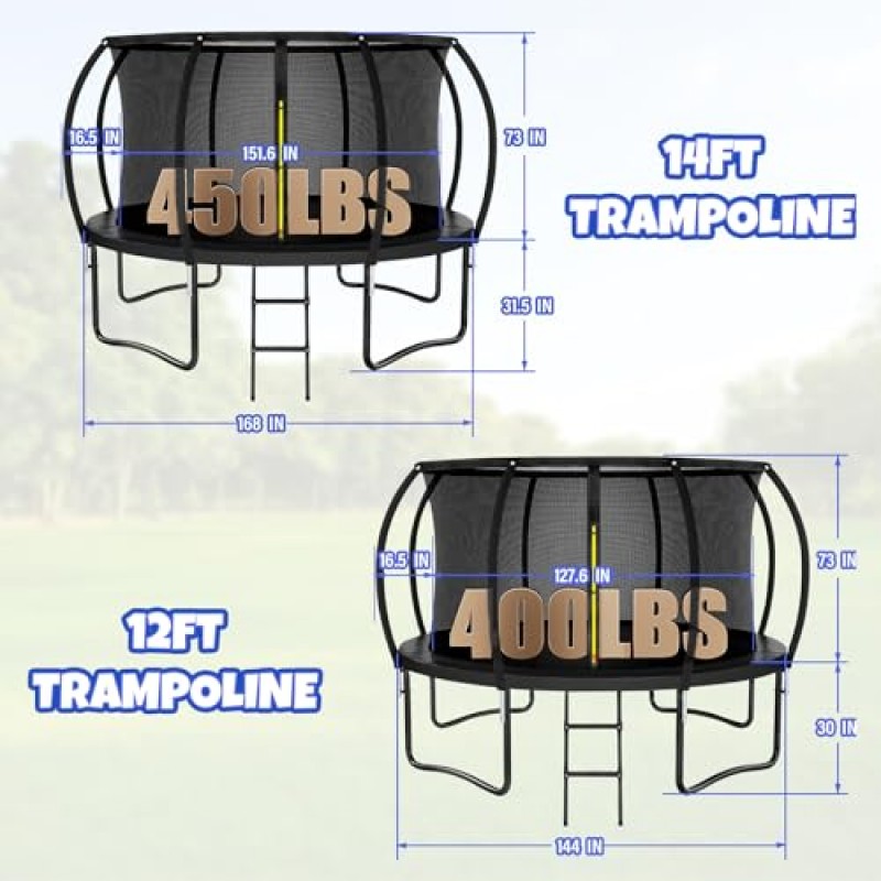 Kiivakii 트램펄린 12FT 14FT, 어린이 및 성인용 야외 트램펄린, 인클로저 네트 및 사다리가 있는 레크리에이션 트램펄린, 뒷마당용 원형 트램펄린, ASTM