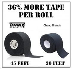 Titan Athletics - 24팩 - 프리미엄 품질의 검은색 운동용 테이프(스포츠 테이프) - 롤당 1 1/2인치 x 45피트 - 산화아연 함유 면 100% - 쉽게 찢어지는 지그재그 디자인.