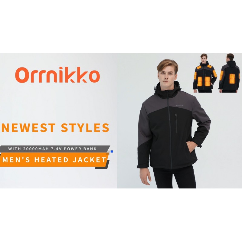 ORRNIKKO 배터리 팩이 포함된 남성용 가열 재킷 - 20000mAh 충전식 겨울 야외 작업 후드가 포함된 자체 전기 재킷