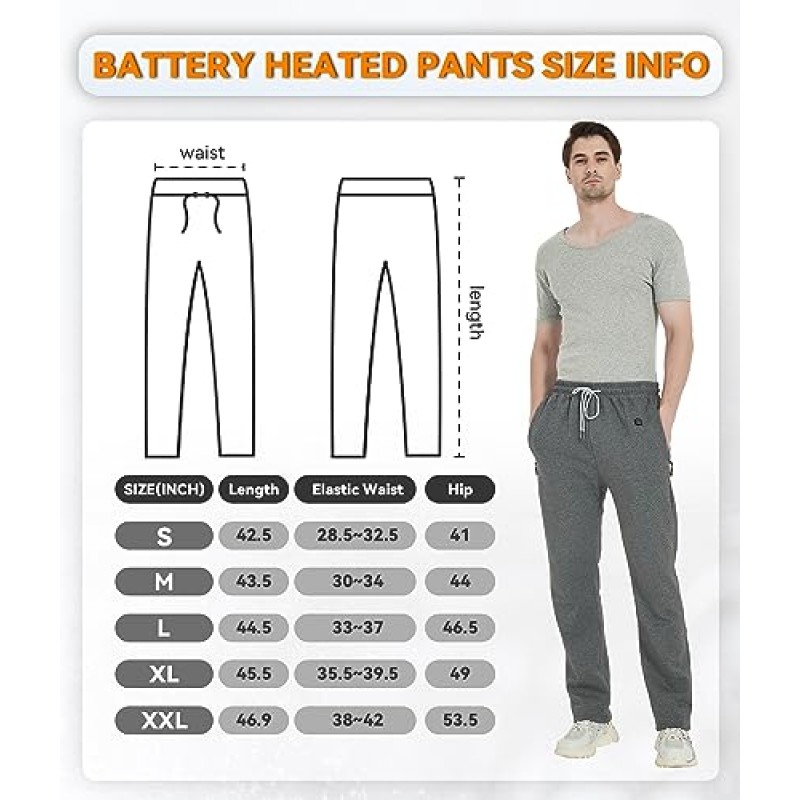 FERNIDA 배터리 팩이있는 가열 바지 남성용 전기 USB 가열 바지 지퍼 포켓이있는 양털 가열식 스웨트 팬츠
