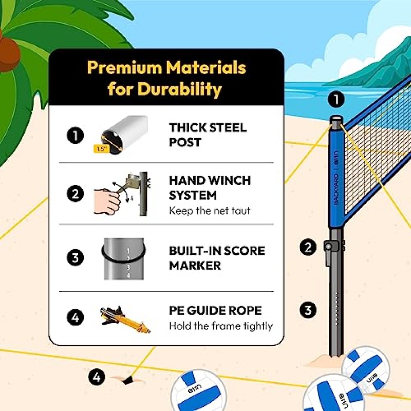 A11N 야외 배구 및 배드민턴 콤보 세트 - 높이 조절 가능한 처짐 방지 네트, 배구, 공기 펌프, 배드민턴 라켓 4개, 셔틀콕 2개, 경계선 마커 및 휴대용 가방 포함