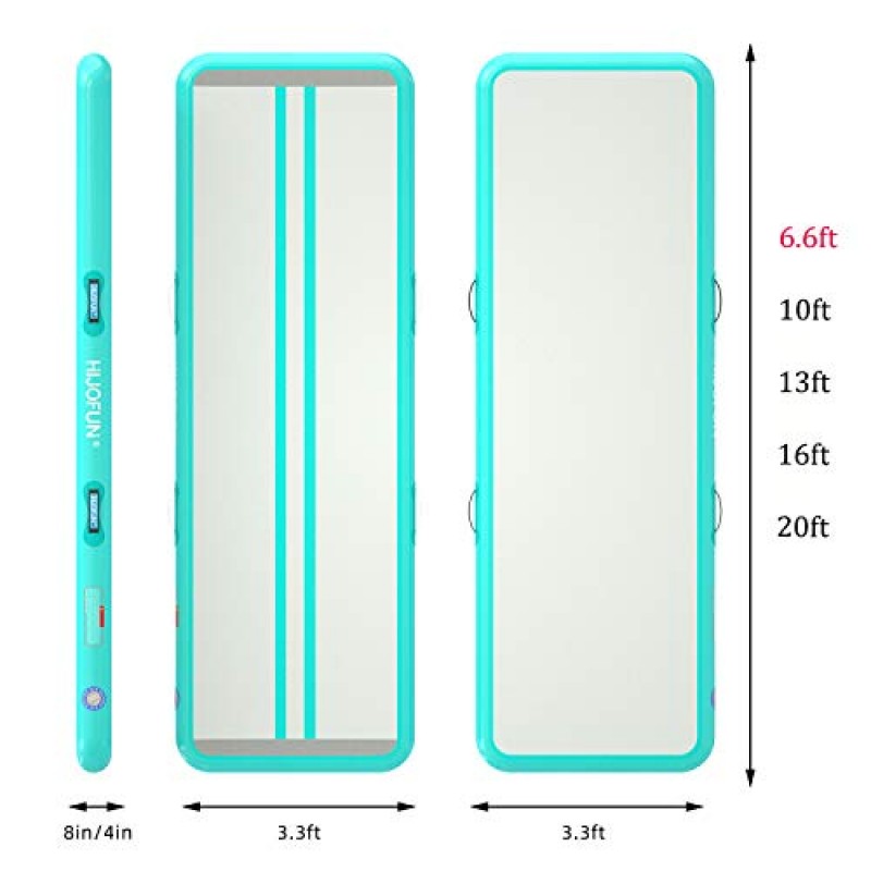 HIJOFUN 체조 텀블 매트용 프리미엄 팽창식 공기 텀블링 트랙 10피트 13피트 16피트 20피트 4인치 8인치 두께, 가정용 어린이/체육관/요가/훈련/치어리딩/야외/수영장/해변용 650W 전기 공기 펌프 포함