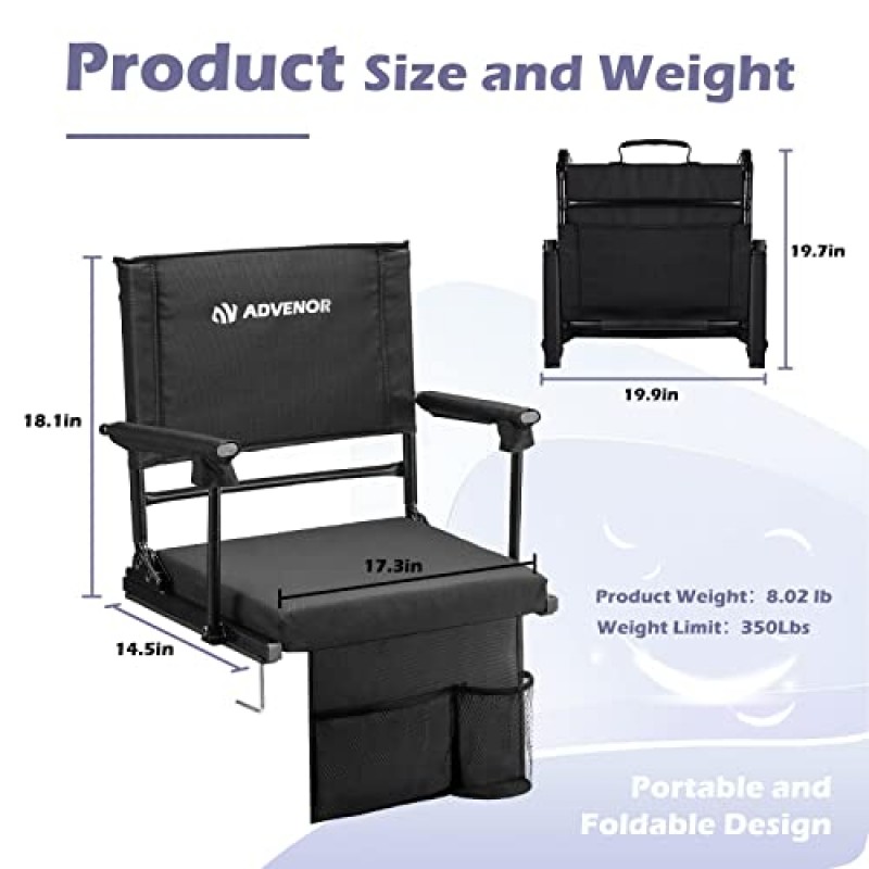 관람석을 위한 등받이가 있는 ADVENOR 휴대용 경기장 시트 -2 팩, 조정 가능한 6 리클라이닝 위치, 포켓 2개 두꺼운 패딩 쿠션 농구 축구 스포츠 이벤트에 이상적