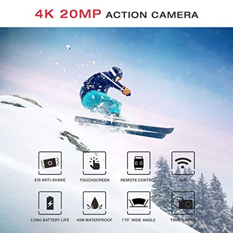 CAMWORLD 방수 액션 카메라 4k 수중 카메라, IPS 터치 스크린, 손떨림 방지 EIS, 170° 광각, 20MP 사진, WiFi 및 원격 제어 기능이 있는 131FT 방수 스포츠 카메라