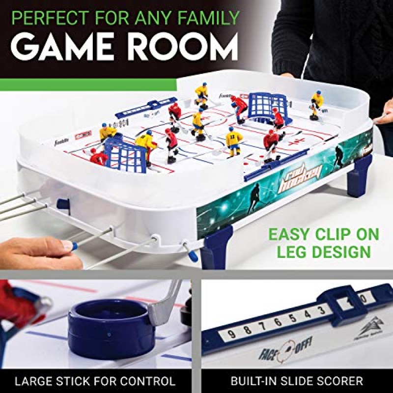 프랭클린 스포츠 테이블탑 로드 하키 게임 세트 - 완벽한 하키 장난감 + 어린이 + 가족을 위한 게임룸 게임 - 미니 테이블탑 로드 하키 보드 + 퍽 포함