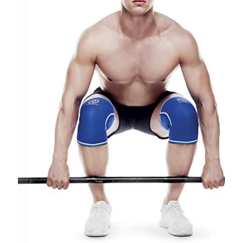 Rehband Rx 오리지널 무릎 슬리브, 무릎 지지대 7mm 네오프렌, 무거운 역도용 무릎 압축 슬리브, CrossFit, 파워리프팅, 색상: 파란색 - 1 쌍, 크기: 소형