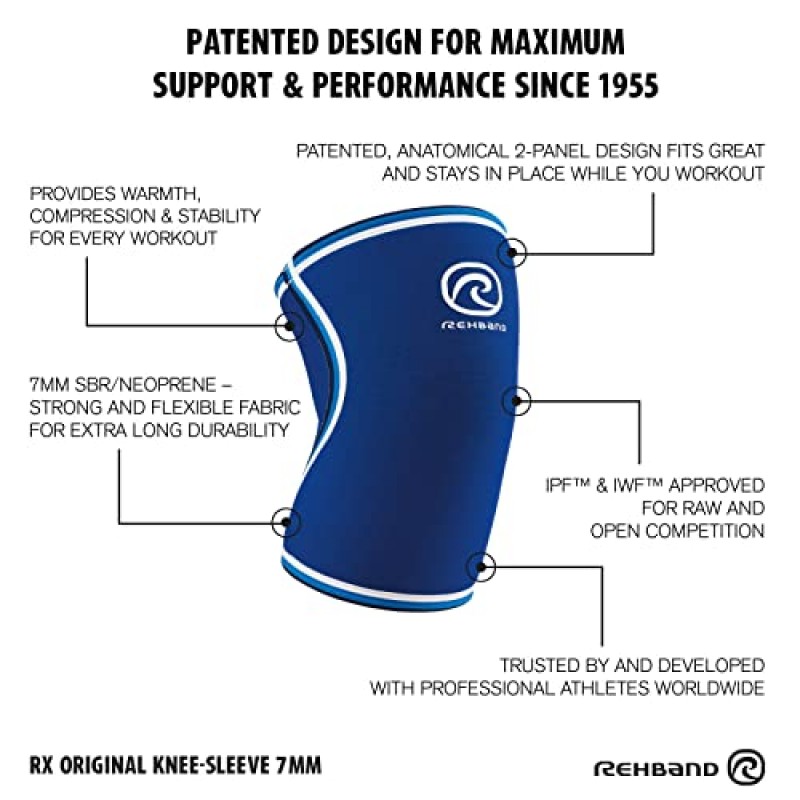 Rehband Rx 오리지널 무릎 슬리브, 무릎 지지대 7mm 네오프렌, 무거운 역도용 무릎 압축 슬리브, CrossFit, 파워리프팅, 색상: 파란색 - 1 쌍, 크기: 소형