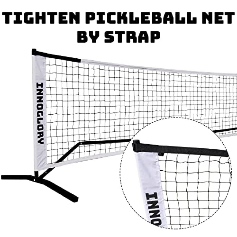 패들 4개와 네트가 포함된 Innoglory 피클볼 세트 피클볼 12개, 22FT PE 노화 방지 네트, 녹 방지 프레임, 나무 피클볼 패들 4개, 야외 피클볼 6개 휴대용 가방이 포함된 실내 피클볼 6개