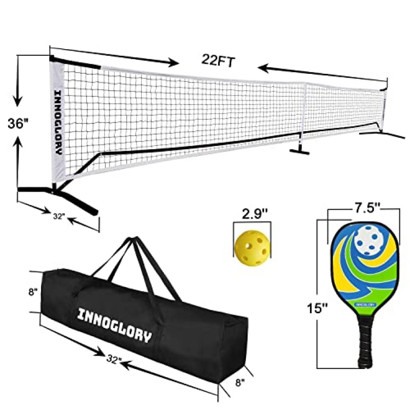 패들 4개와 네트가 포함된 Innoglory 피클볼 세트 피클볼 12개, 22FT PE 노화 방지 네트, 녹 방지 프레임, 나무 피클볼 패들 4개, 야외 피클볼 6개 휴대용 가방이 포함된 실내 피클볼 6개