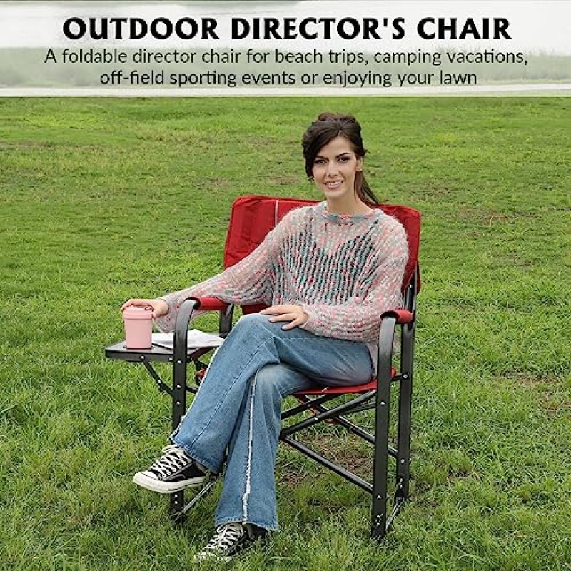 KABOER 업그레이드된 대형 디렉터 의자, 휴대용 접이식 의자 야외, 잔디밭, 스포츠, 낚시, 피크닉, 헤비 듀티 캠핑 의자를 위한 사이드 테이블이 있는 캠핑 디렉터 의자 400lbs 지원(빨간색)