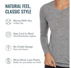 Woolly Clothing Co. 여성용 메리노 울 플렉스 긴 소매 크루넥 셔츠 - 초경량 - 흡습성 통기성 냄새 방지
