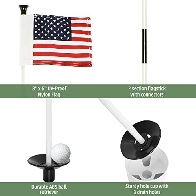 뒷마당 야외 파티오 홈 트레이닝을 위한 WATSY 골프 깃대 세트 퍼팅 홀 컵 포함 휴대용 2섹션 디자인(미국 3팩)