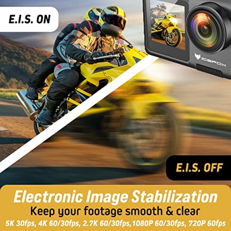 icefox 액션 카메라 5K 30FPS 20MP(터치 스크린 포함), 98FT 방수 수중 카메라, EIS 4X 줌 조정 가능한 시야각 원격 제어 WiFi 스포츠 카메라(외부 마이크 포함) 캠코더