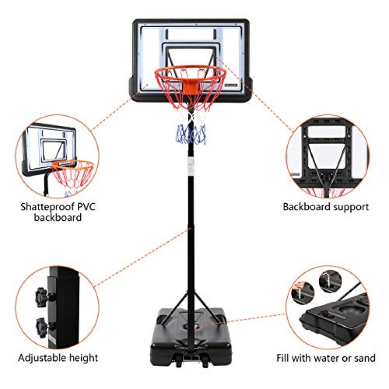 PEXMOR 휴대용 농구 골대 골 시스템, 바퀴로 조절 가능한 7-10FT 높이, 야외 뒷마당/차도용 어린이/청소년/청소년/성인을 위한 비산 방지 PVC 백보드 및 채울 수 있는 베이스