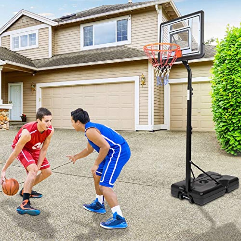 PEXMOR 휴대용 농구 골대 골 시스템, 바퀴로 조절 가능한 7-10FT 높이, 야외 뒷마당/차도용 어린이/청소년/청소년/성인을 위한 비산 방지 PVC 백보드 및 채울 수 있는 베이스