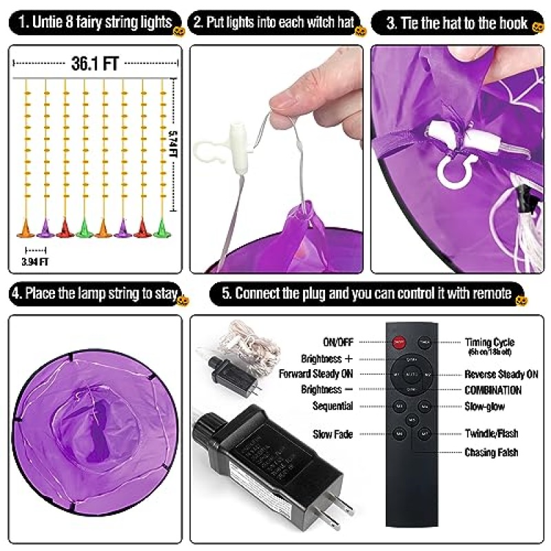 8Pcs 할로윈 장식 야외 할로윈 조명 마녀 모자 원격 제어 할로윈 장식 문자열 조명에 대 한 실내 36.1ft 8 조명 모드 나무 파티오 마당 파티 장식 할로윈 장식