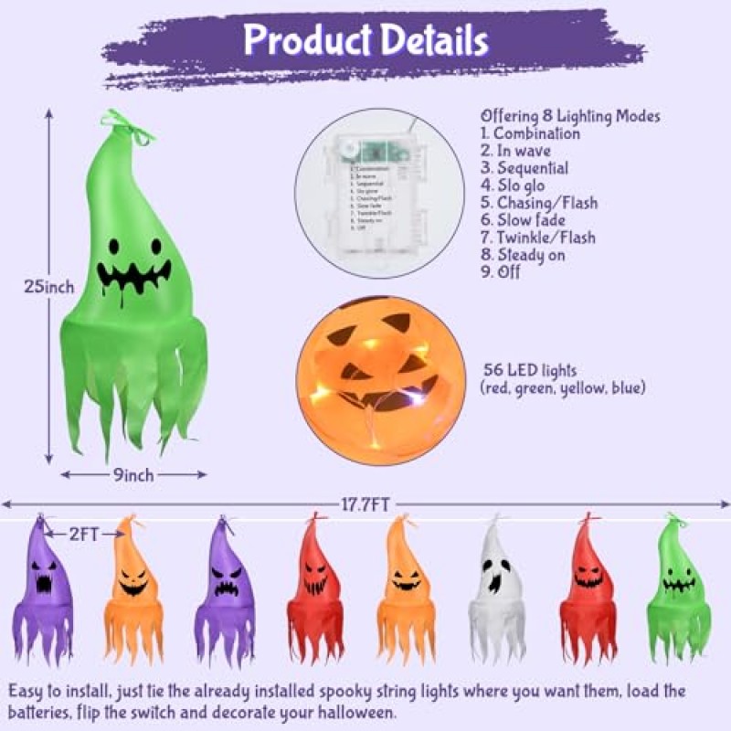 할로윈 장식 야외 매달려 유령 조명, 8가지 조명 모드 할로윈 장식 실내 8 팩 조명 유령, Led 다채로운 문자열 조명 집 베란다 마당 정원 외부 방수 배터리