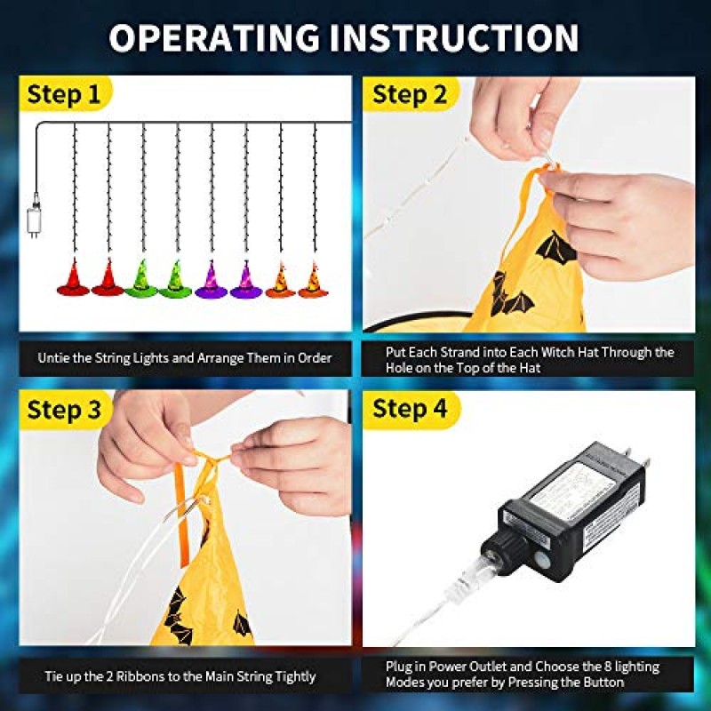Tcamp 할로윈 장식 조명 마녀 모자 조명, 8개 매달려 빛나는 마녀 모자 44피트 104LED 할로윈 조명 문자열 실내, 실외, 마당, 나무 장식(8개 조명 모드)