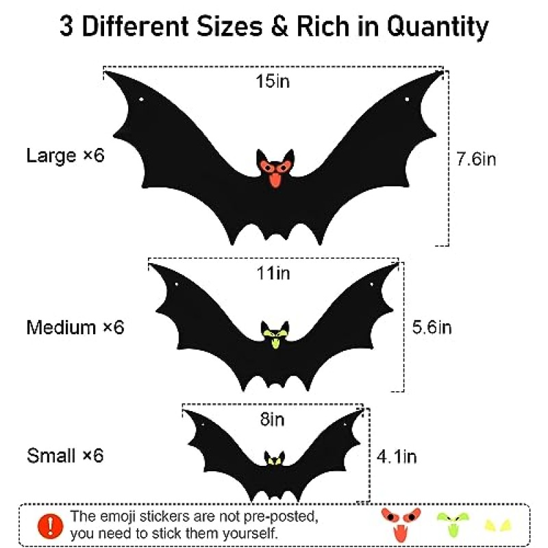 18PCS 교수형 박쥐, 야외 할로윈 장식, 어둠 속에서 빛나는 눈 스티커 75 쌍과 나무와 현관, 잔디밭을위한 낚싯줄 1 롤이있는 대형 비행 박쥐
