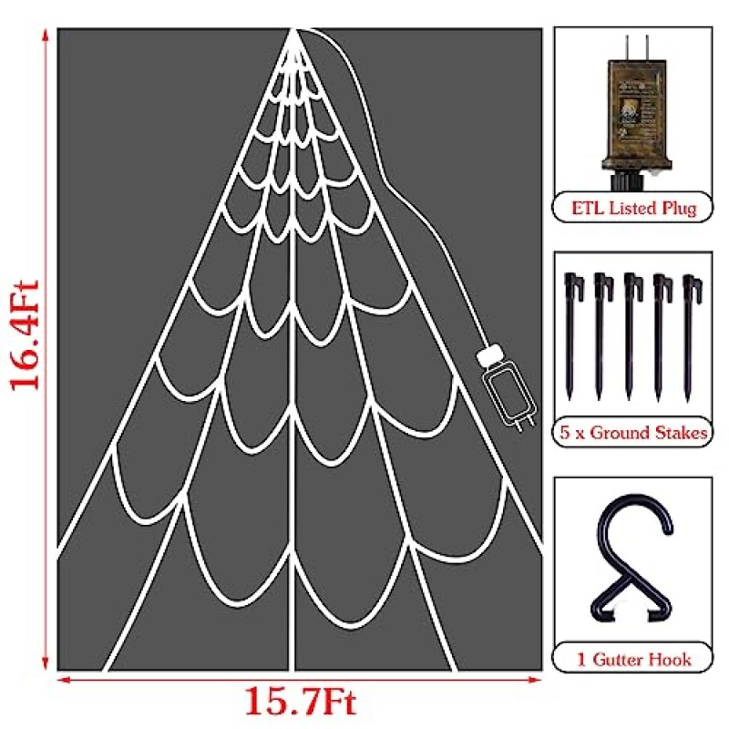 Aitbay 할로윈 장식 야외 거미 웹 조명: 150 보라색 및 주황색 LED 조명 장식, 8가지 조명 모드를 갖춘 16.4피트 거대한 거미줄 방수 및 타이머, 야드 스파이더 웹 장식