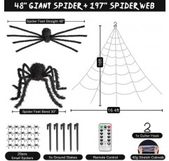 더 밝은 거미줄 할로윈 장식 조명, 250 보라색 LED 조명, 8 가지 모드 16.4Ft 원격 제어 기능이 있는 거대한 거미줄, 거대한 거미 포함, 외부 마당용 할로윈 장식