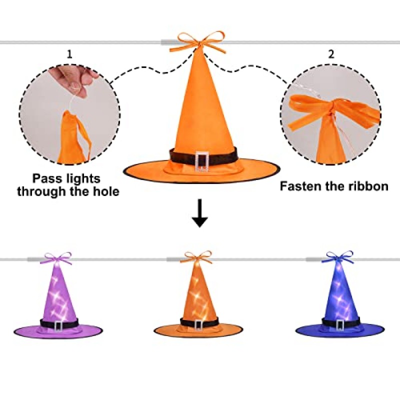 Ivenf 할로윈 Hocus Pocus 장식, 8개 조명 매달려 마녀 모자, 원격 문자열 조명, 할로윈 장식 야외 정원 마당 실내 외부 파티, 19.6피트, 4가지 색상