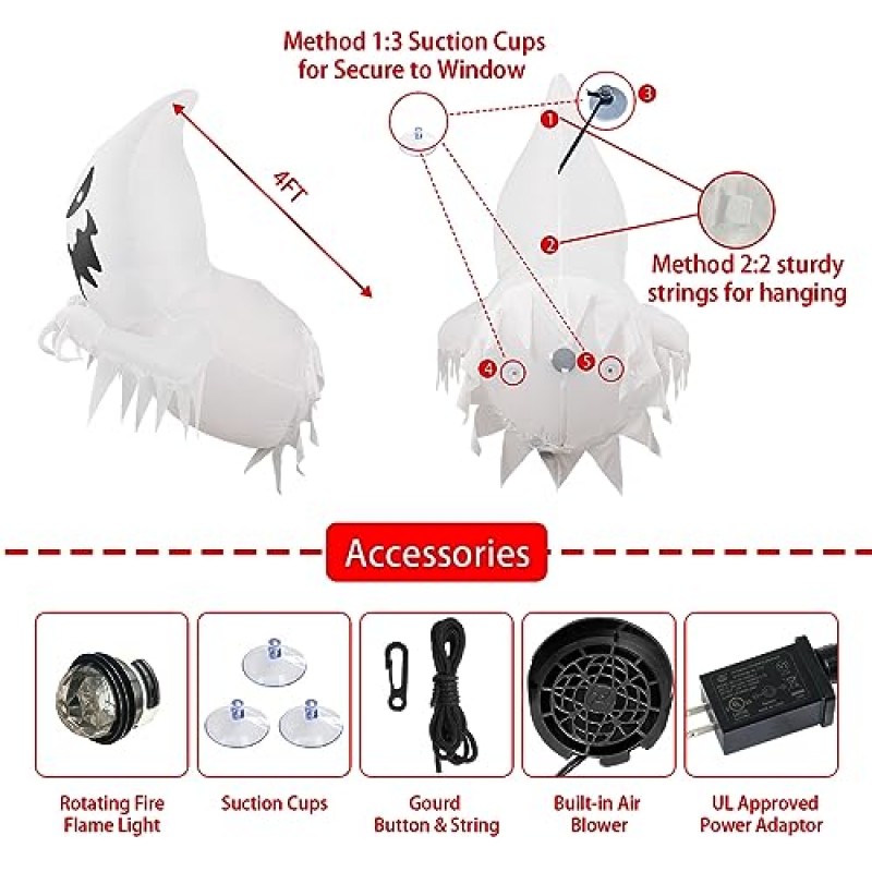 [회전 불꽃 불 빛] 4피트 할로윈 풍선 장식 창/나무에서 나오는 흰색 유령, 실내 파티 야외 정원 마당을 위한 무시무시한 유령 장식 폭파