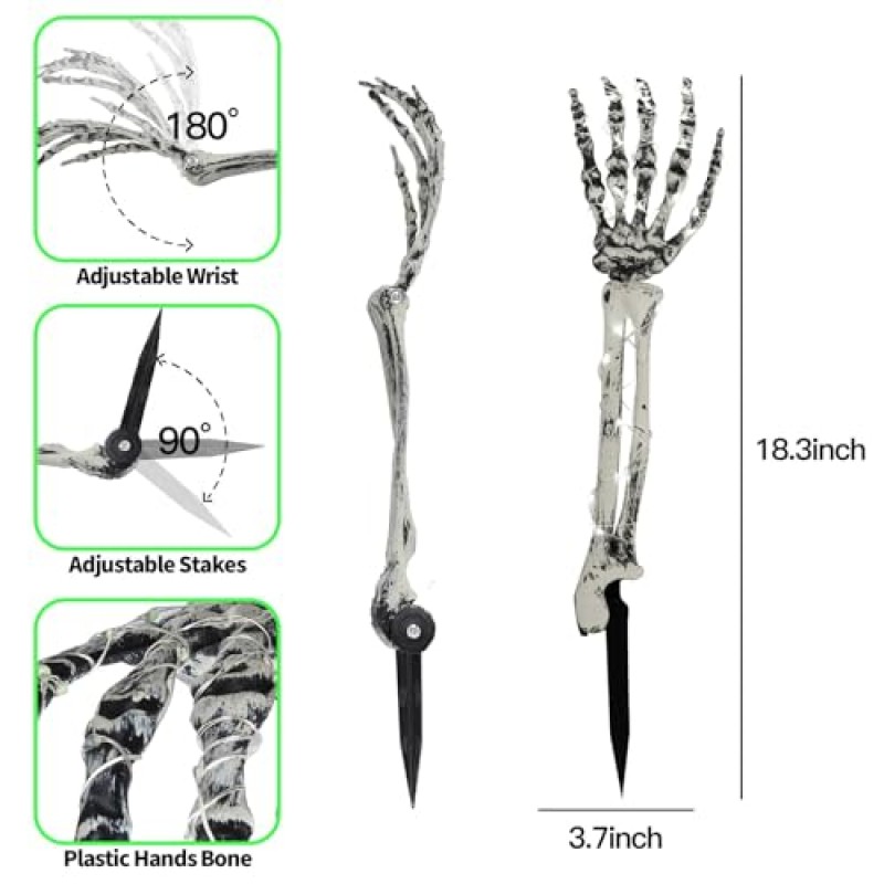 THECHAM 할로윈 장식 야외 조명 해골 팔 말뚝 손 50 LED 녹색 조명 배터리 작동 타이머 및 깜박임, 무서운 손 뼈 방수 2 팩, 할로윈 묘지 마당 장식
