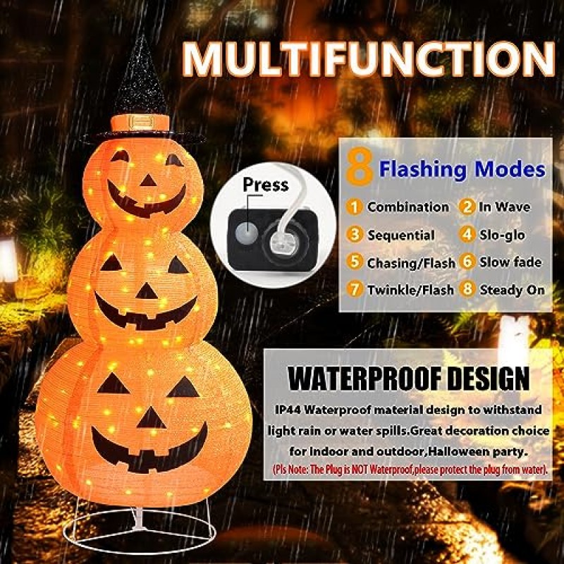 할로윈 호박 장식 접이식 호박 조명 100 LED 8개 모드 할로윈 공포를 위한 재미있는 잭 오 랜턴 실내 실외 장식 추수감사절 호박 마당 베란다 장식(4.3FT 3층)