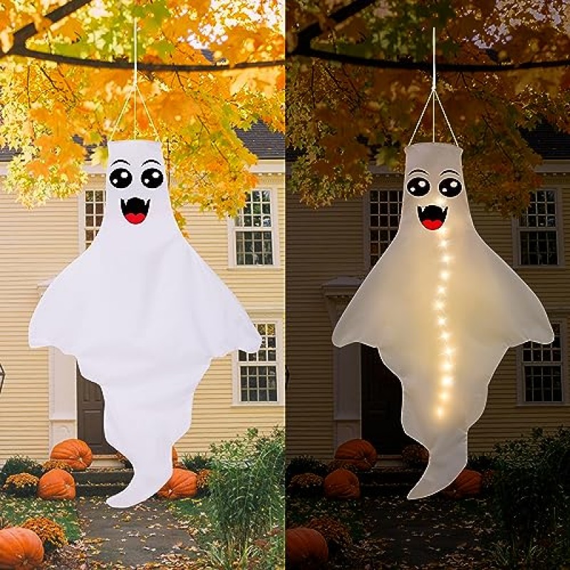 3PCS 할로윈 장식 야외 유령 Windsock LED 매달려 장식 - Hallowmas 바람 양말 나무 마당 파티 장식품 (배터리 없음 및 타이머 없음)