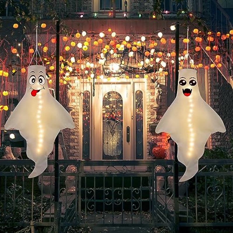 3PCS 할로윈 장식 야외 유령 Windsock LED 매달려 장식 - Hallowmas 바람 양말 나무 마당 파티 장식품 (배터리 없음 및 타이머 없음)