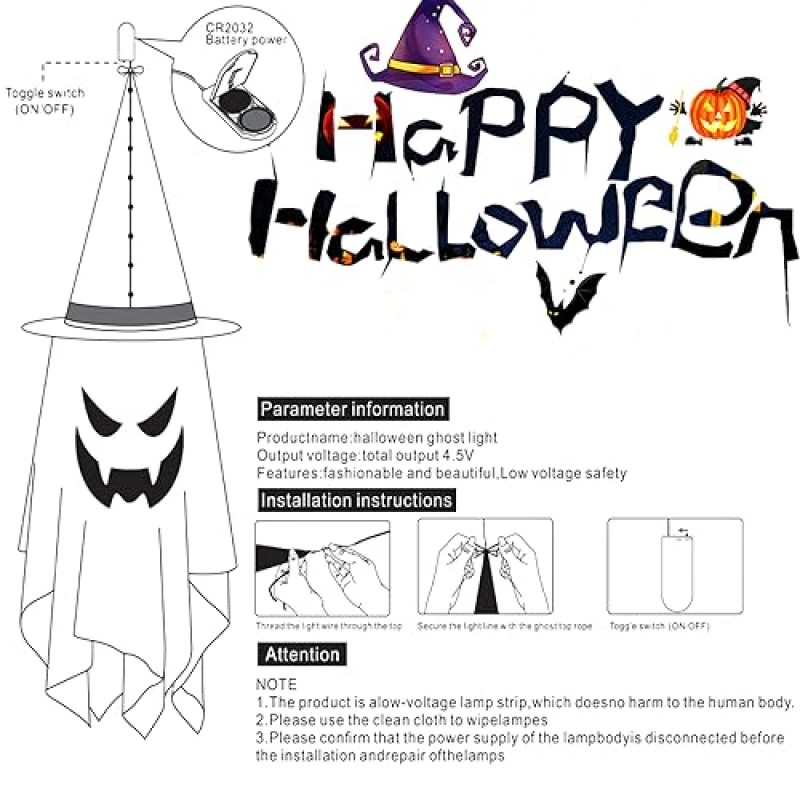 할로윈 장식 야외, 매달려 조명 빛나는 유령 마녀 모자, 할로윈 장식 실내 야외 집 처마, 현관 마당, 나무 할로윈 파티 용품 (대형 2PCS)