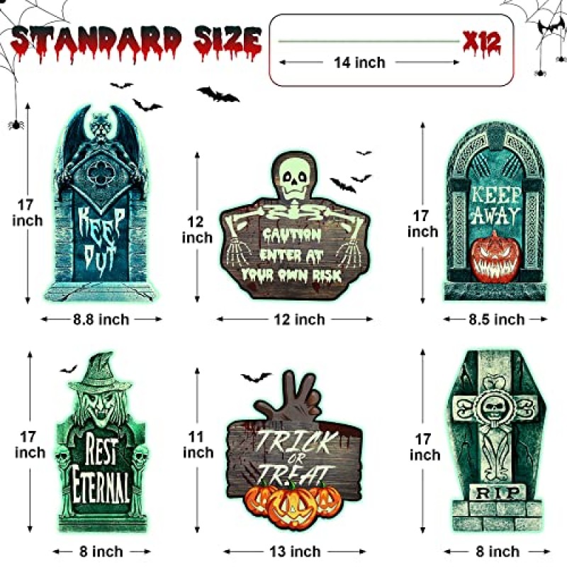 17' 형광 할로윈 RIP 묘비 | 6개의 묘비 할로윈 장식 및 12개의 수정 말뚝 대형 할로윈 묘지 장식 방수 할로윈 장식 야외 할로윈 마당 표지판