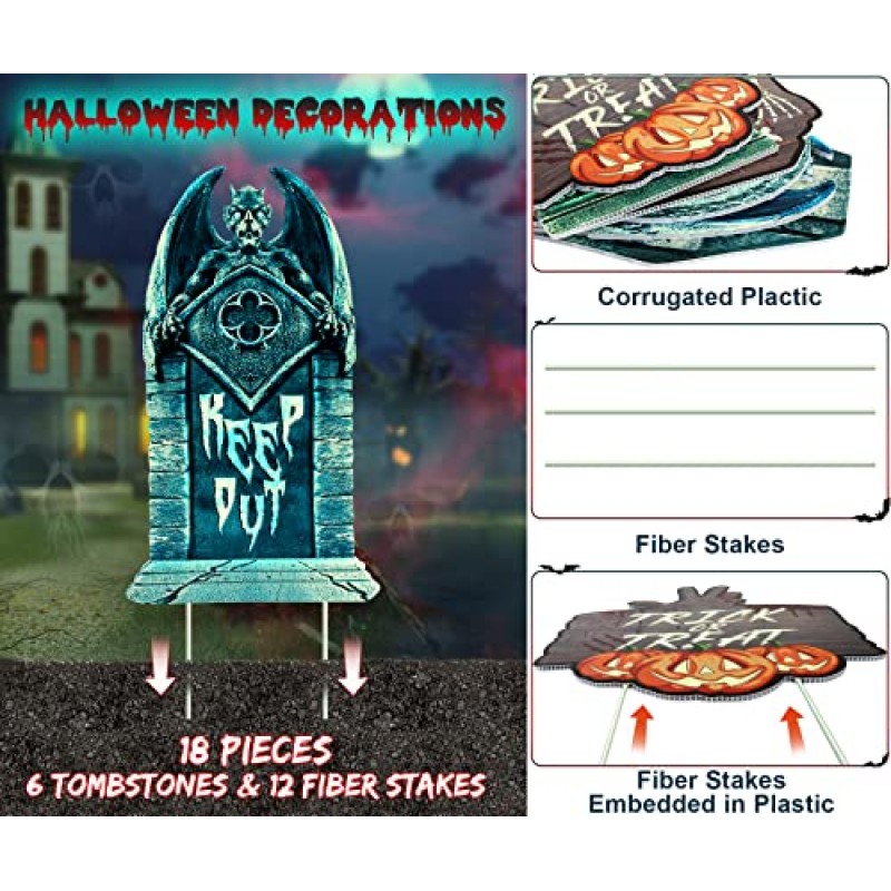 17' 형광 할로윈 RIP 묘비 | 6개의 묘비 할로윈 장식 및 12개의 수정 말뚝 대형 할로윈 묘지 장식 방수 할로윈 장식 야외 할로윈 마당 표지판