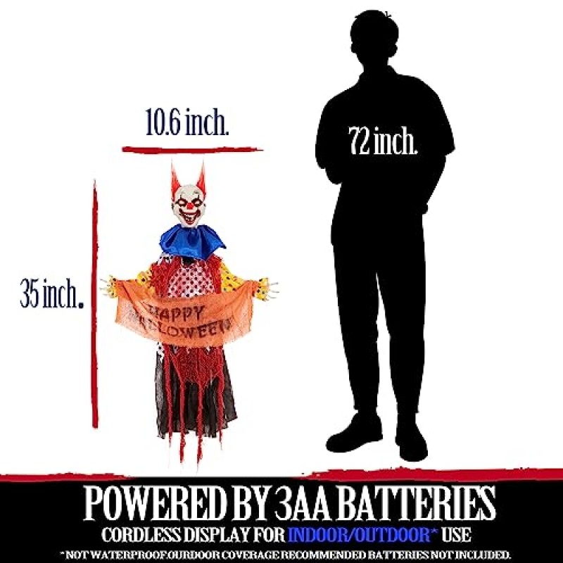 NEEYEABL 할로윈은 광대 애니마트로닉스 장식을 죽이고, 소리가 활성화되고, 눈이 밝아집니다. 소름끼치는 머리 움직임과 소리가 특징입니다. 나무, 정원, 마당 야외/실내 무서운 장식.【공포 해방】
