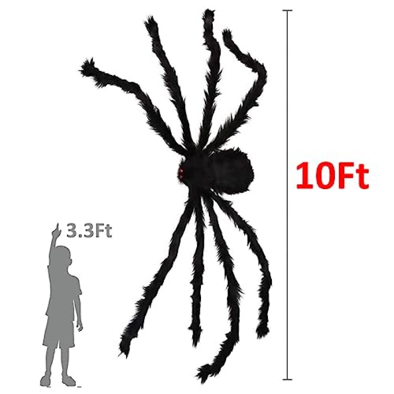 할로윈 거미 야외 장식, 10피트 거대한 털이 검은 거미, 할로윈 실내, 실외 및 마당 파티오 창 소름 끼치는 장식 용품을위한 무서운 가짜 거대한 거미 소품